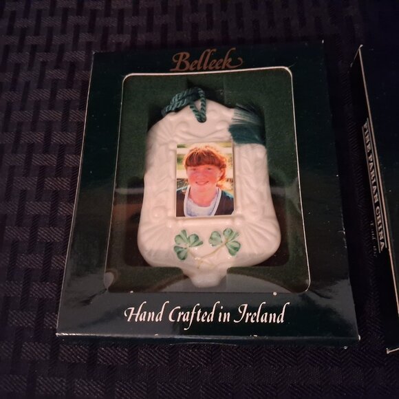 Belleek Christmas Hanging Ornament Small Bell Shaped Picture Frame Set of 2 NIB - Picture 3 of 5